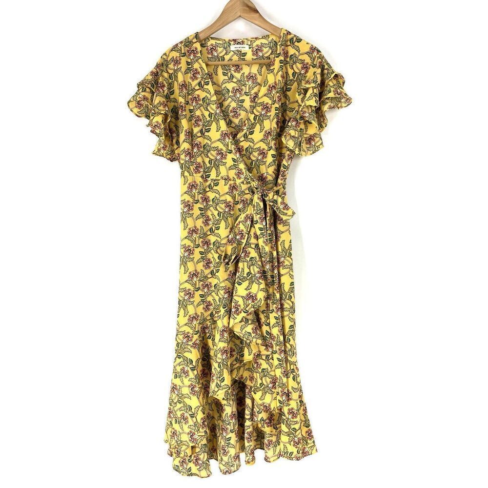 Max Studio Dress Size XS Yellow Floral Midi Ruffle Flutter Sleeve Wrap V Neck